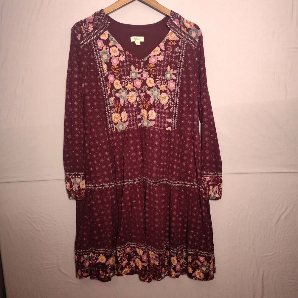 Style & Co Womens XL Burgundy Floral Tiered Boho V-Neck Long Sleeve Dress